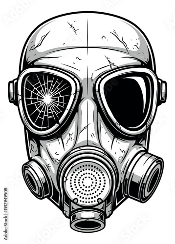 Line art illustration of a gas mask depicting a damaged and worn appearance for safety and survival concepts