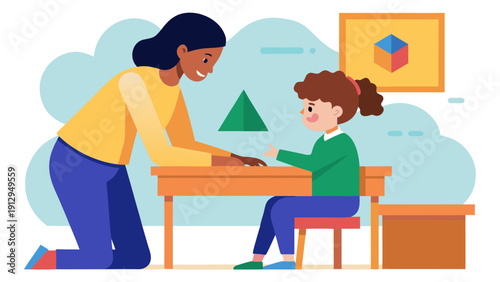Illustration of a female teacher assisting a young girl with a learning activity at a wooden table in a colorful classroom setting with geometric shapes on the wall