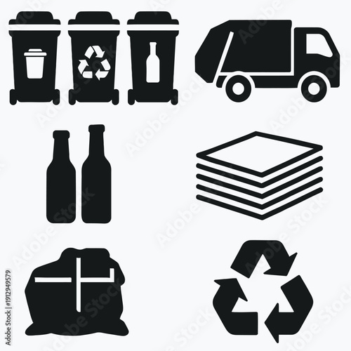 Waste Management and Recycling Icons Set – Separate Bins, Garbage Truck & Ecology Symbols on White