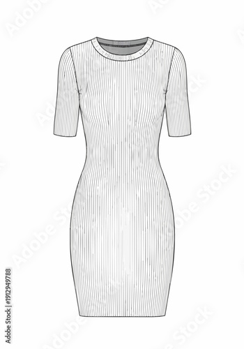 Ribbed Short Sleeve Dress Technical Fashion Flat Sketch Vector Template