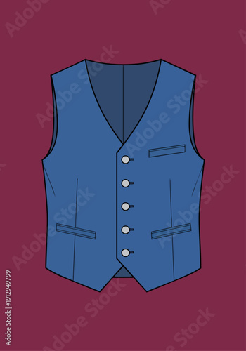 Blue technical flat fashion sketch of a mens formal button waistcoat vector