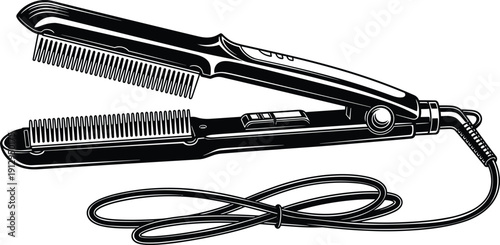 Electric hair straightener comb styler vector illustration, professional beauty salon heat tool for hairstyling, grooming equipment isolated on light background