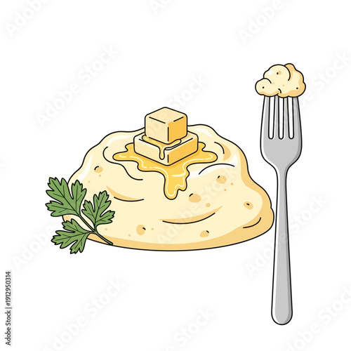 Mashed Potatoes with Butter and Parsley, Fork with Serving