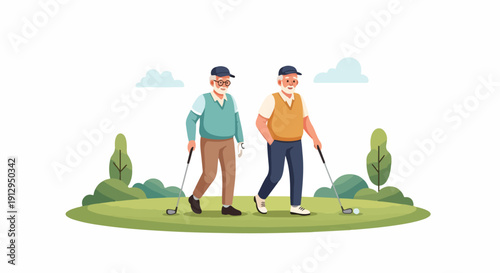 Two senior golfers walking on a green golf course with clubs, wearing casual clothing and caps, against a simple white background with green trees and blue clouds.