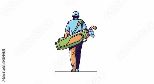 A man walks with a golf bag on his shoulder wearing a blue shirt and cap on a white background.