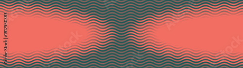 Wavy lines halftone pattern rounded dual border ultra wide 32:9 aspect ratio red green vector classy abstract background. Striped rippled structure half tone ultrawide format guilloche style design