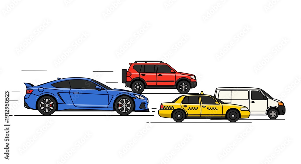Fototapeta premium Cartoon cars driving on white background illustration for transportation concepts