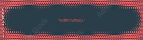 Triangles hexagonal grid halftone pattern rounded faded frame ultra wide 32:9 aspect ratio red black vector abstract background. Half tone graphical panoramic format hi-tech futuristic design element