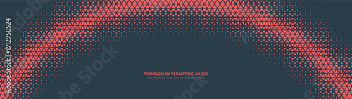 Triangles hexagonal grid halftone pattern semi circle border ultra wide 32:9 aspect ratio red black vector abstract background. Half tone graphic panoramic format hi-tech conceptual design element