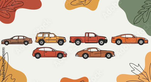 Collection of assorted cars in warm autumn tones against abstract leaves