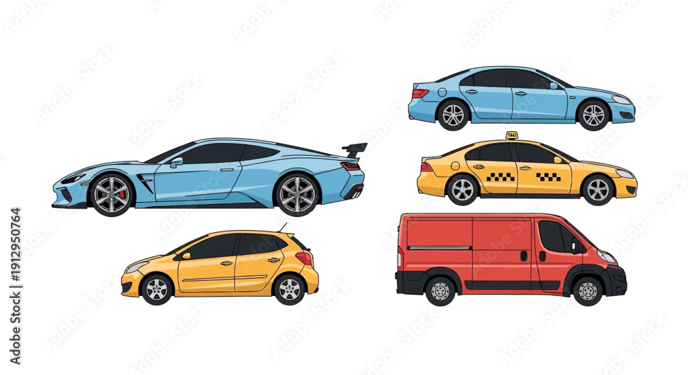 Fototapeta premium Collection of colorful car illustrations on white background for transportation