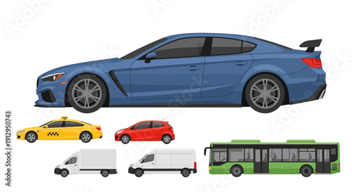 Collection of colorful cars and vehicles in flat vector illustration
