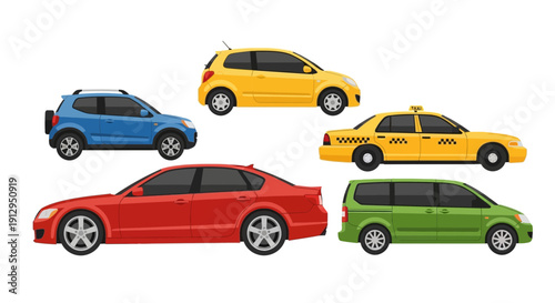 Collection of colorful vehicles cars taxi suv minivan illustration