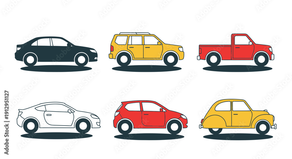 Fototapeta premium Collection of six colorful car illustrations in vector style