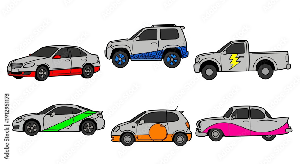 Fototapeta premium Collection of six cartoon cars in various styles isolated on white