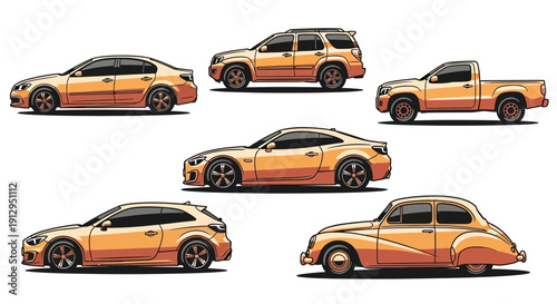 Collection of orange vehicles sedan suv truck coupe hatchback classic car