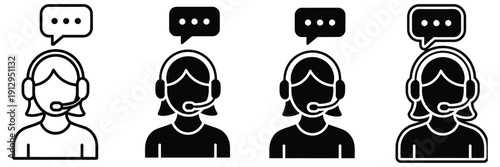 Set of customer support representative icons featuring female agent with headset and speech bubble, vector illustrations in solid and outline styles for call center branding, online support, customer 