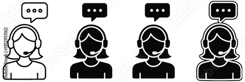 Set of customer support representative icons featuring a woman with a headset and speech bubble, in outline and solid styles, vector illustrations for call center help desks, client service, digital