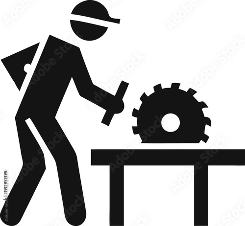 Experienced worker positions timber near a large circular saw blade on a work table