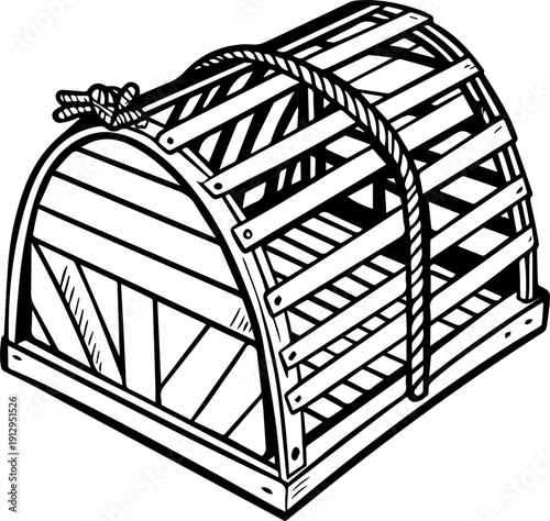 Classic Wooden Lobster Trap Vector Illustration Isolated Black and White Line Art Drawing of a Traditional Crab Pot with Rope Binding
