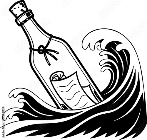 Message in a bottle floating on a large wave black and white vector design for maritime tattoo or ocean adventure logo