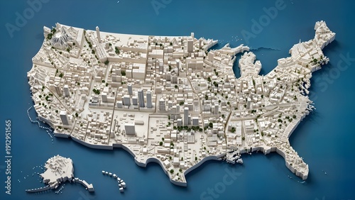 Miniature isometric USA map with states, skylines and parks