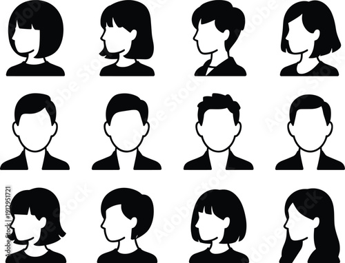 Diverse avatar silhouette illustration featuring twelve male and female icons with varied hairstyles and orientations symbolizing identity, profile selection, and character design graphics