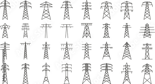 Electrical transmission tower silhouette illustration set featuring 30 unique pylon designs symbolizing energy infrastructure, power grid engineering, electricity distribution, and utility graphics