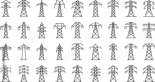 Electrical transmission tower line drawing set featuring 30 unique pylon designs symbolizing energy infrastructure, power grid engineering, electricity distribution, and utility system graphics