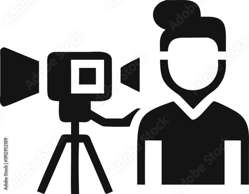 Modern content creator standing next to a professional video camera setup ready for live streaming