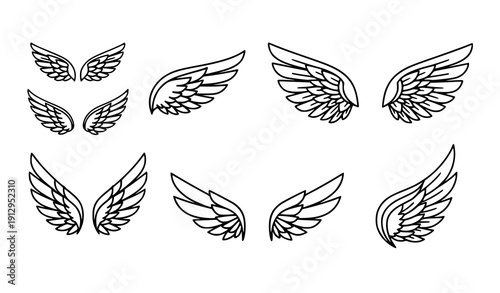 Minimal Angel Wing Thin Line Icon Set Black Outline Spiritual Feather Vector Elements Isolated on White Background