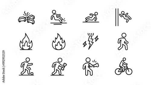 Accident Icons Set: Car Crash, Fire, Slip, Injury, Lightning, Cycling, Stock Line Art