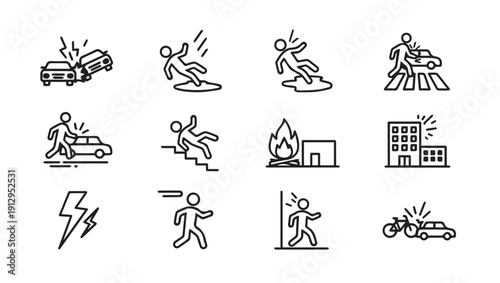 Accident Icons Set: Car Crash, Slip, Fire, Building, Lightning, Running, Bicycle Collision