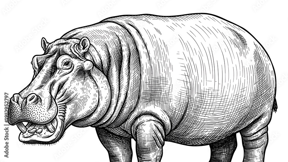 Fototapeta premium Detailed illustration of a hippopotamus standing alone, showcasing its robust body and open mouth from a side viewpoint.