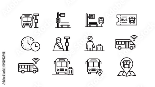 Bus Transport Icons Set: Travel, Waiting, and Navigation Symbols