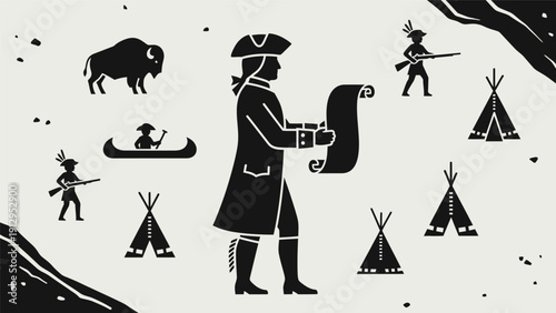 Colonial Explorer Unfurling Map of Native Territory.