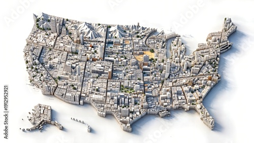 Miniature isometric USA map with states, skylines and parks