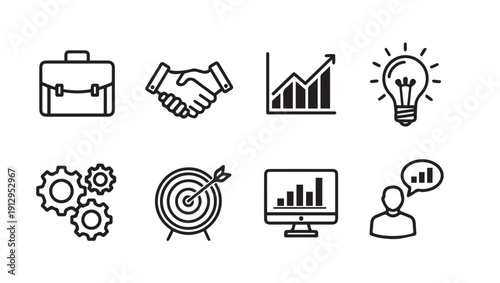 Business Icons: Briefcase, Handshake, Graph, Lightbulb, Gears, Target, Computer, Person