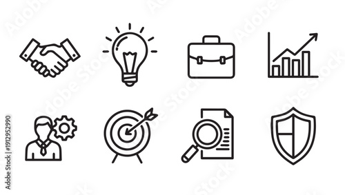 Business Icon Set: Handshake, Idea, Briefcase, Graph, Person, Target, Search, Shield
