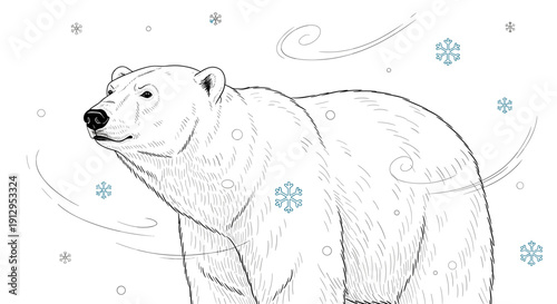 Polar bear walking in snow with winter snowfall background