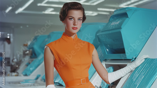 Woman in Orange Dress: A woman in an orange dress standing near some futuristic-looking machinery. Free Download Woman in Orange Dress: A woman in an orange dress standing near some futuristic-looking machinery. - GFXLoad