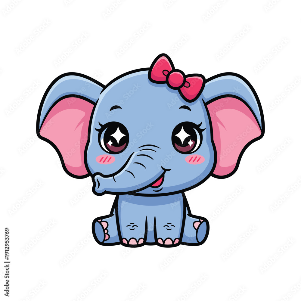 Fototapeta premium A cute cartoon elephant with a pink bow Vector