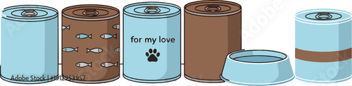 Pet food packaging illustration set with cat food cans and bowl featuring cute paw print design for animal nutrition and pet care concepts