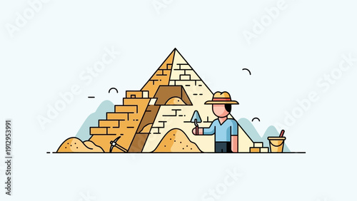Man Building Pyramid with Construction Tools.