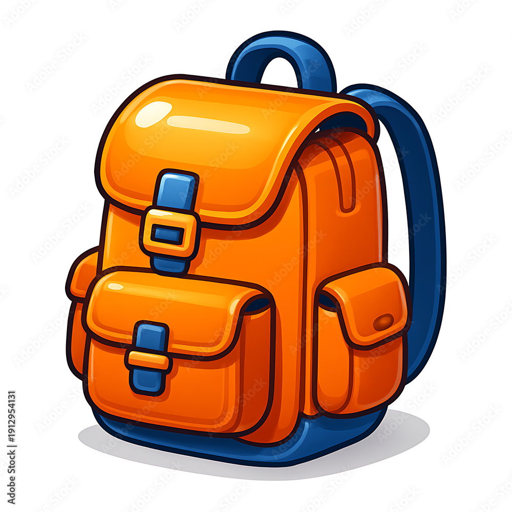 Fototapeta premium Vibrant orange and blue cartoon backpack illustration.