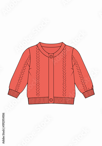 Detailed flat technical sketch of a coral pink knitted baby cardigan vector