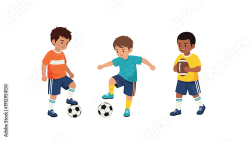 Three young boys of different ethnicities enjoying sports by playing soccer and holding a football on a white background.