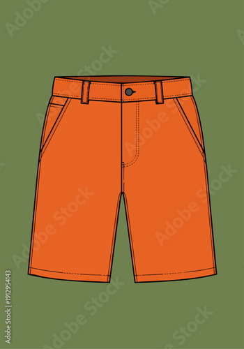 Technical Flat Fashion Sketch of Casual Orange Knee Length Shorts Vector