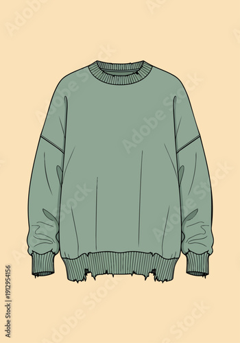 Fashion flat sketch of a distressed oversized crew neck sweatshirt jumper
