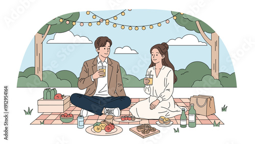 Young man and woman sitting on a checkered blanket in a park having a romantic picnic with wine and various snacks.